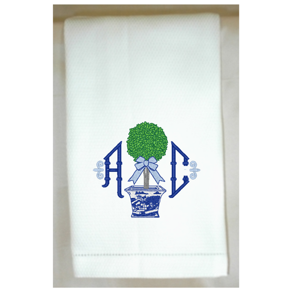 Blue Willow Topiary Huck Hemstitch Towel